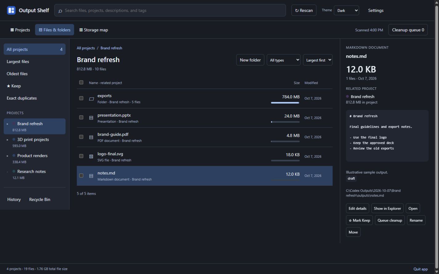 Output Shelf files view, with an illustrative sample library