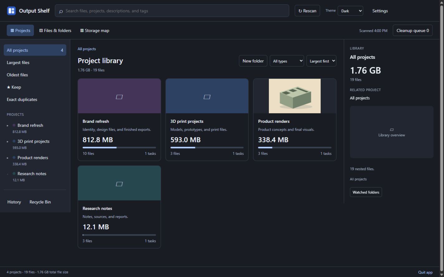 Output Shelf projects view, with an illustrative sample library