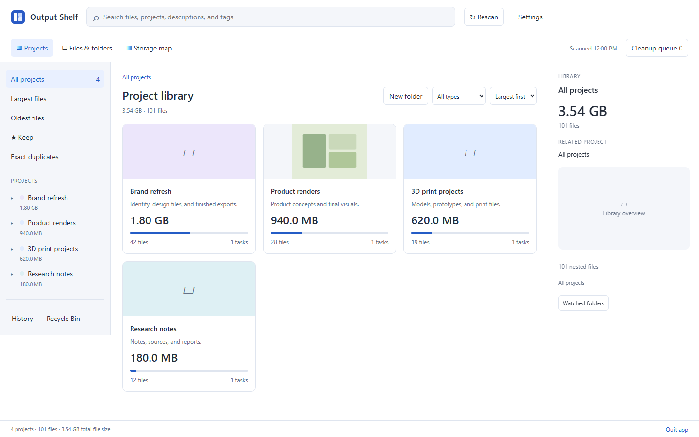 Output Shelf projects view, with an illustrative sample library