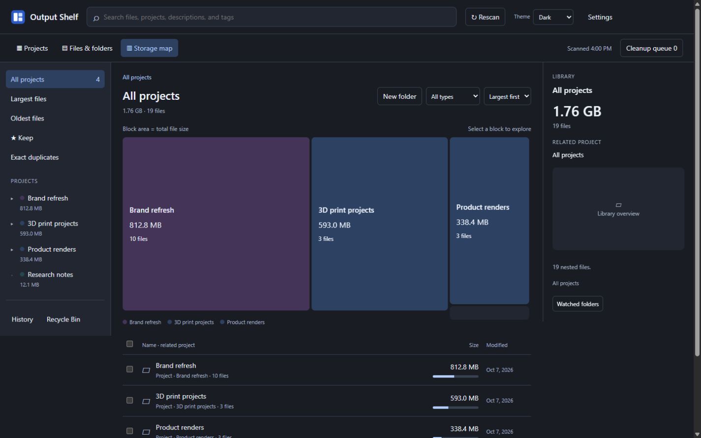 Output Shelf storage view, with an illustrative sample library